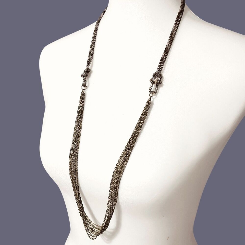 Vintage Mesh Knot Multi Strand Necklace Antiqued Bronze Tone Long Statement 34"